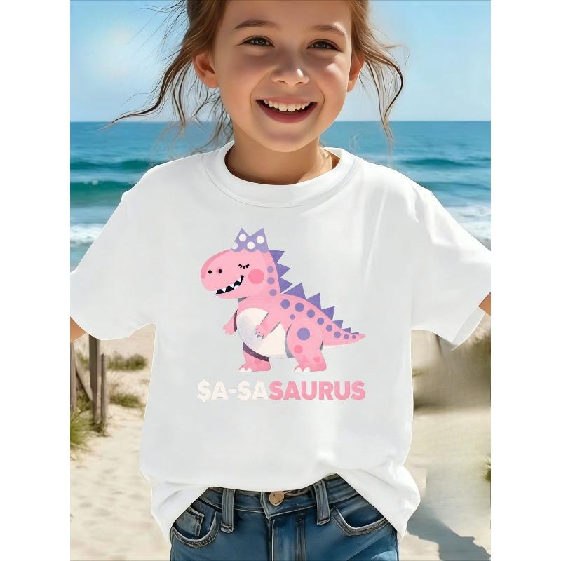 Girls Crew Neck Short Sleeve T-Shirt with Cartoon Pink Dinosaur Print