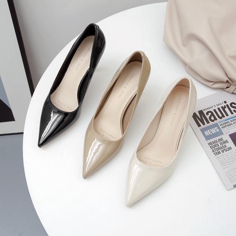 20 shallow patent leather thin heel black high heels single shoes women's shoes pointed solid color design versatile