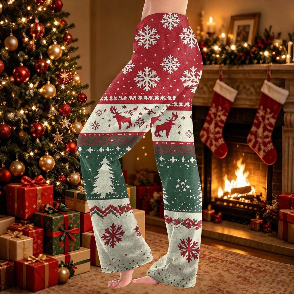Women's Christmas Print Pants, Casual Plush Home Pajama Bottoms for Women