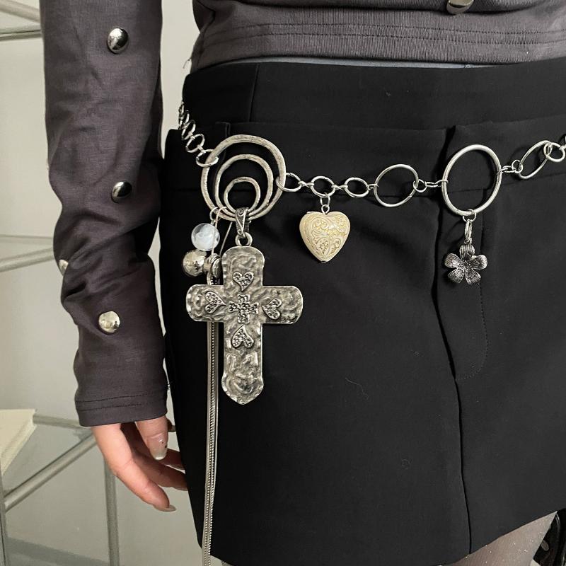 Gothic Cross Flower Tassel Waist Chain Vintage Silver Metal Belt Chain For Women Y2K Punk Skirt Pants Accessory