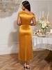 Brown Asymmetrical Neck Off Shoulder Slim Fit Stain Dress with 3D Flower Ruffles Elegant Women Party Dresses