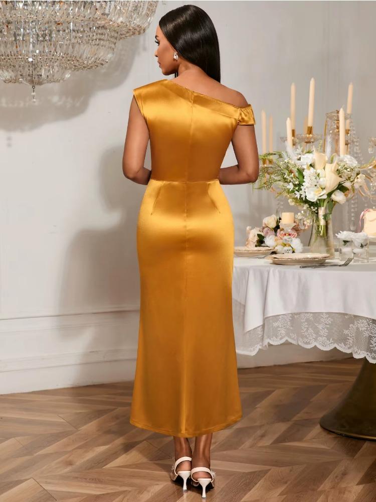 Brown Asymmetrical Neck Off Shoulder Slim Fit Stain Dress with 3D Flower Ruffles Elegant Women Party Dresses