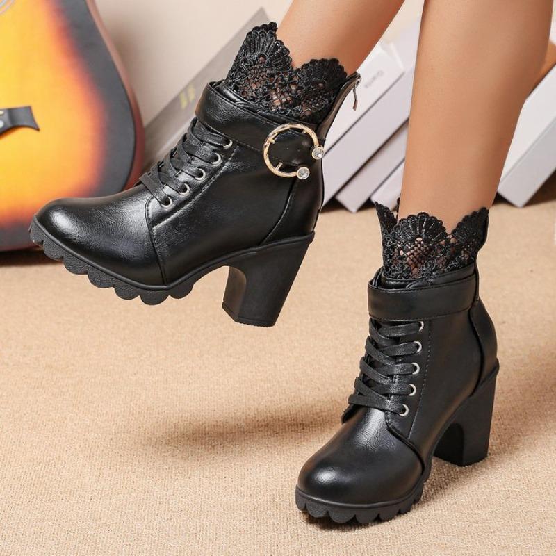 Large size metal buckle fashion women's boots autumn and winter lace lace rear zipper cross strap women's boots
