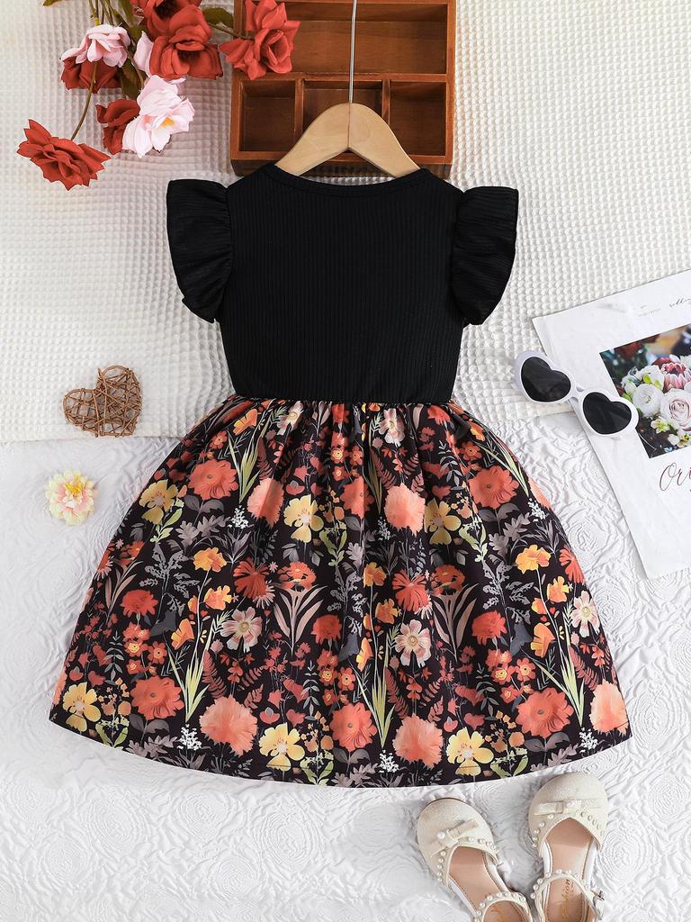 Girls Floral Print Dress with Bow, Ruffle Sleeve Ribbed Bodice Casual Summer Outfit