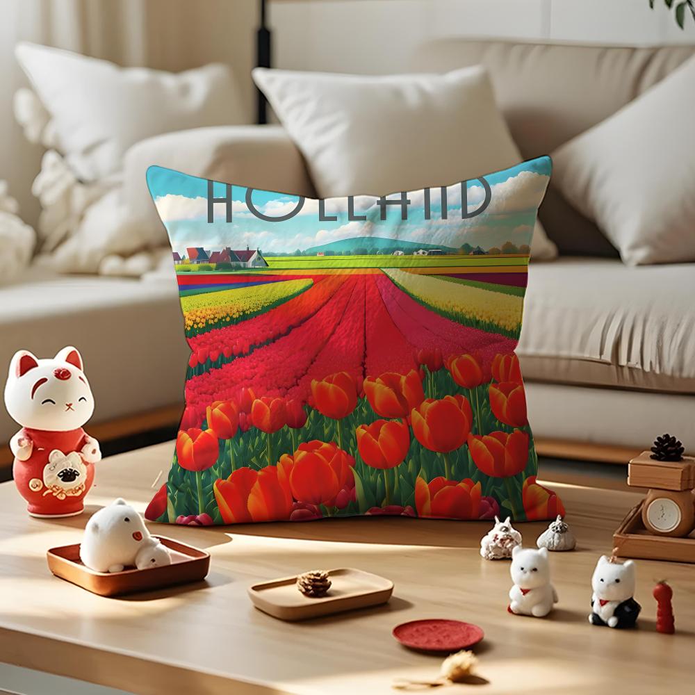 Dutch Windmills & Tulips Cushion Cover Anti-dustmite Pillowcase Invisible Zipper Silky Short Plush Sofa Cushion Cover