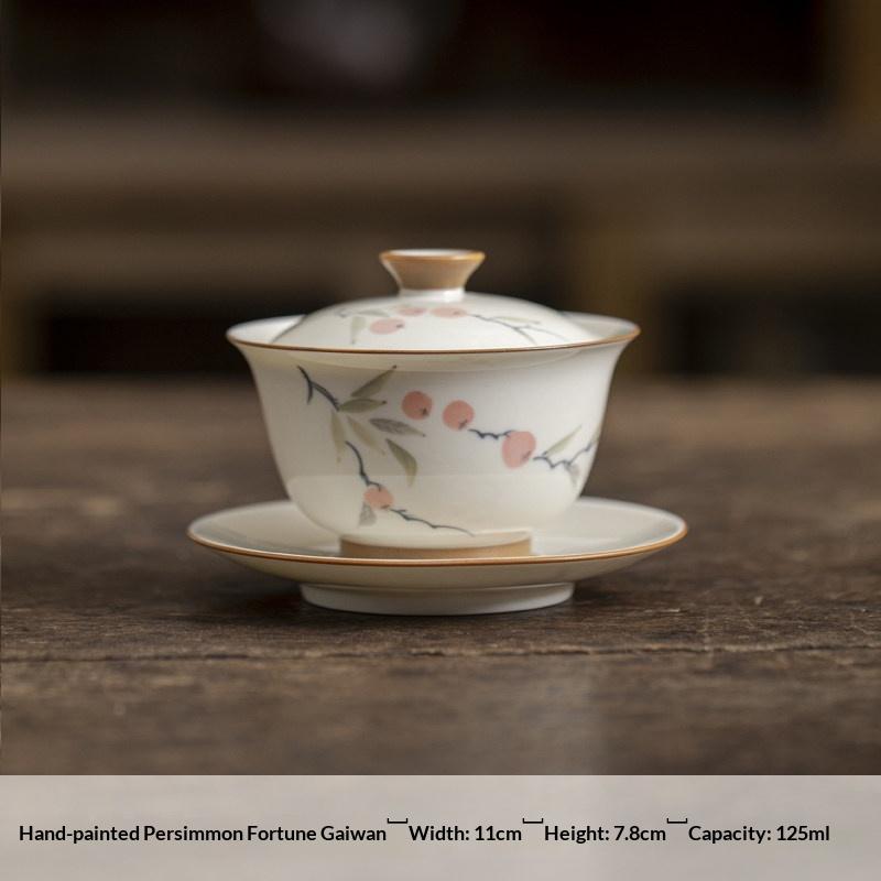 Plant Gray Hand-painted Persimmon Ruyi Horseshoe Covered Bowl Ceramic Three-talent Gaiwan Covered Cup Single Oven Mitts Tea Bowl