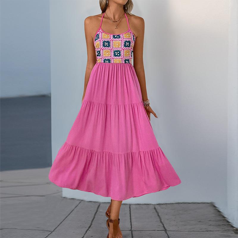 

2025 new holiday elegant and sweet neck splicing pink dress XL