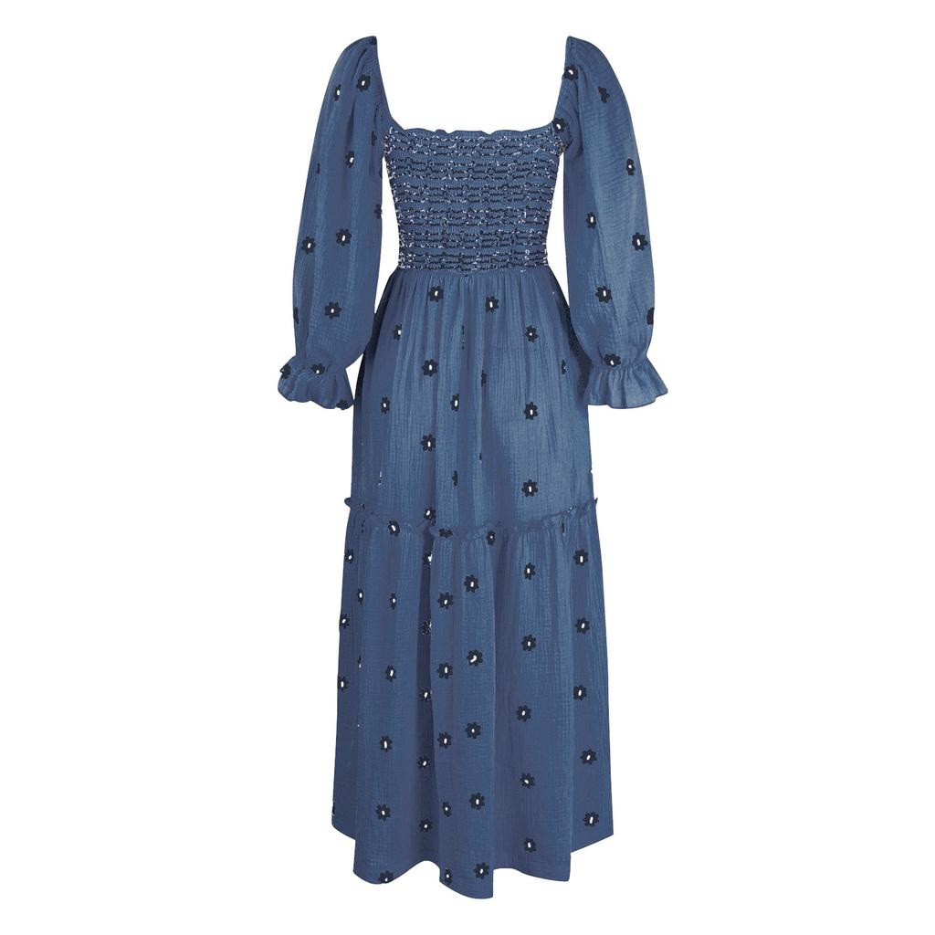 Damen Freizeitkleid Quadratischer Ausschnitt Trompetenärmel Langer Rock Lässige und Sommer Maxikleider Für Damen