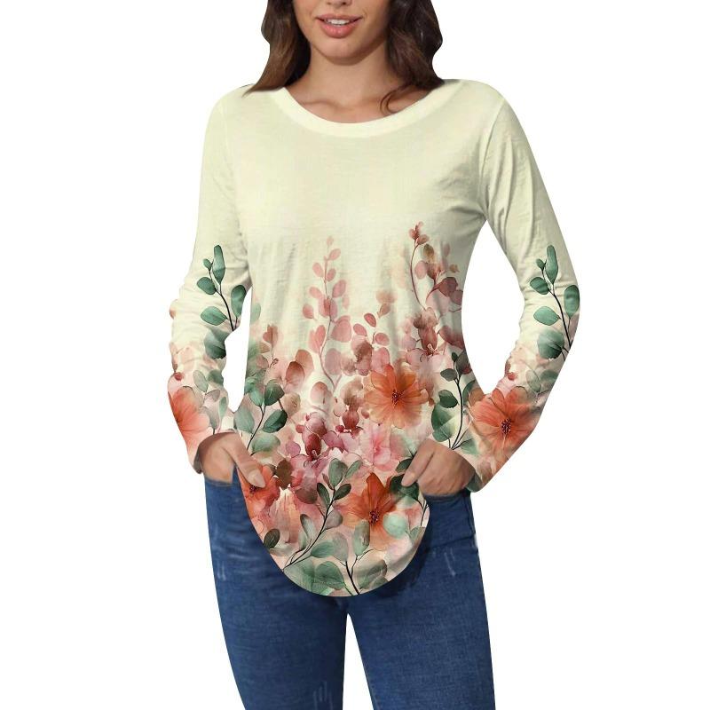 Shirts for Women Cute  Vintage Pattern Print T-Shirt Long Sleeve Tunic Tops Cotton Pullovers T-Shirts Women’s