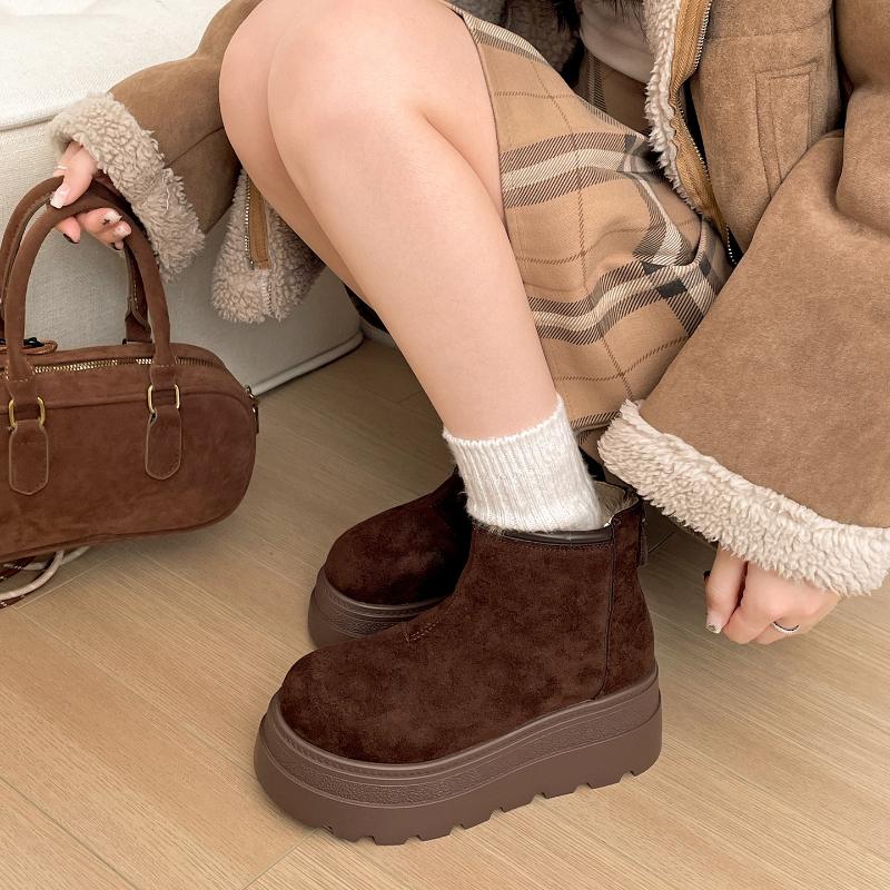 Vintage Fur Lining Women Snow Boots Comfort Platform Thick Sole Keep Warm Cotton Short Booties Winter Women's Plush Shoes