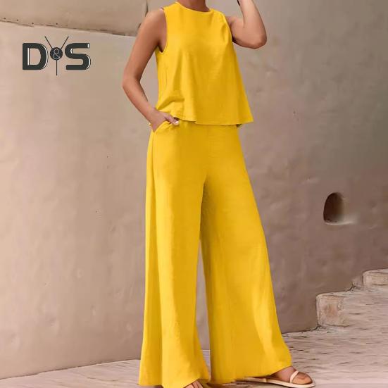 

Комплект из 2 шт./компл., женский топ, брюки, однотонный свободный жилет без рукавов с круглым вырезом, брюки с широкими боковыми карманами, повседневная одежда, наряд для отдыха на работе S жёлтый