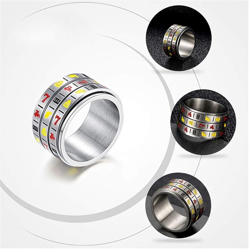 Oakky Unisex Stainless Steel Fruit Slot Machine Pattern Fun Rotatable Lucky Ring Creative 3 Layers Are Gambling Size 24