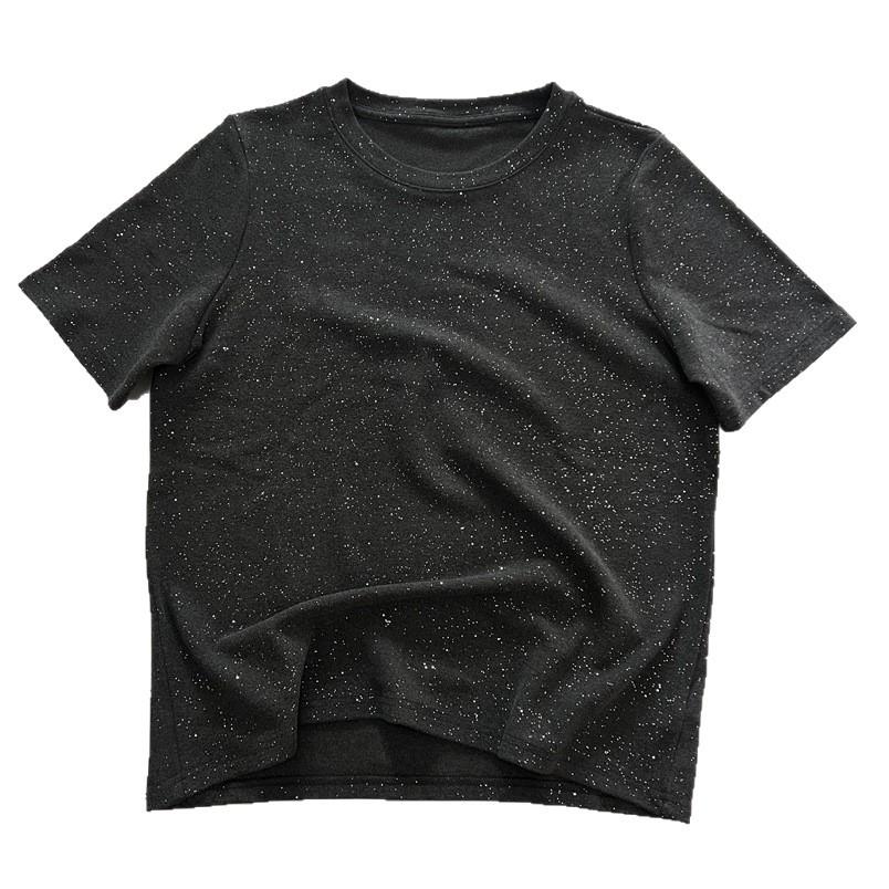 Starry Sky Dot Black Sequin Short Sleeve T-shirt - Women's Minimalist Round Neck, Loose Fit, Spring New Arrival