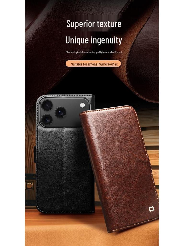 Chali Shi Genuine Leather iPhone 17 Pro Max Flip Case with Magnetic Buckle, Air Stand, and Card Slot