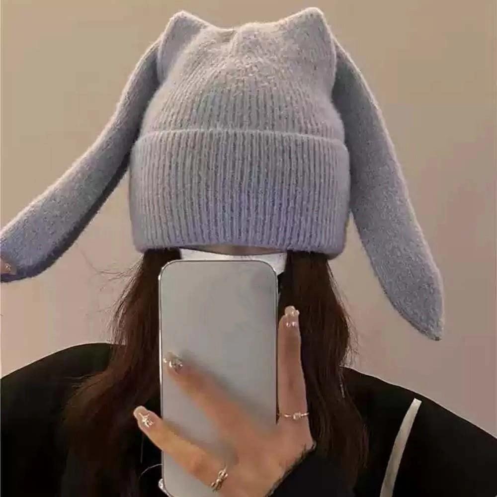 Elastic Bunny Pullover Cap Trendy Solid Color Knitted Hat Woolen Hat Rabbit Ears Cap Kids