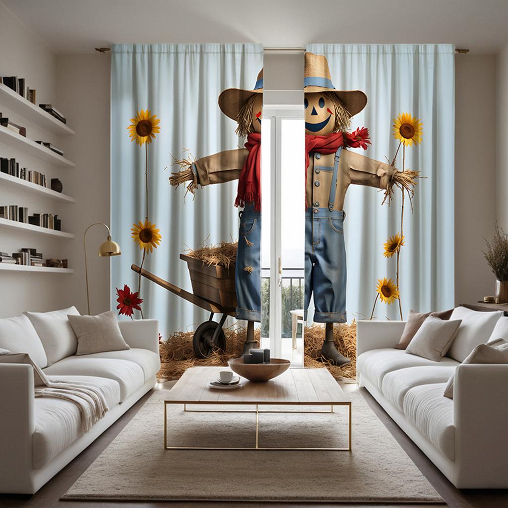 2 Stück HD Trolley neben der Strohpuppe dekorativer Vorhang weißer Bindeband digital bedruckter Vorhang Heimdekorationsstil dekoriert