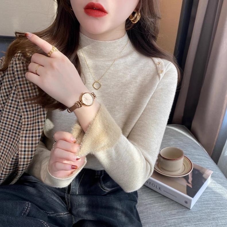 Fleece thickened bottoming shirt women's winter new integrated fleece sweater high-end knitted top
