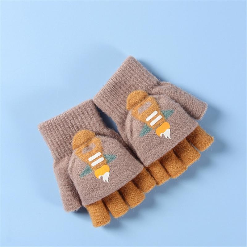 Convertible Gloves Winter Half Finger Mittens Stretchy Knit Fingerless Gloves with Soft Cover for Kids Teens Kawaii