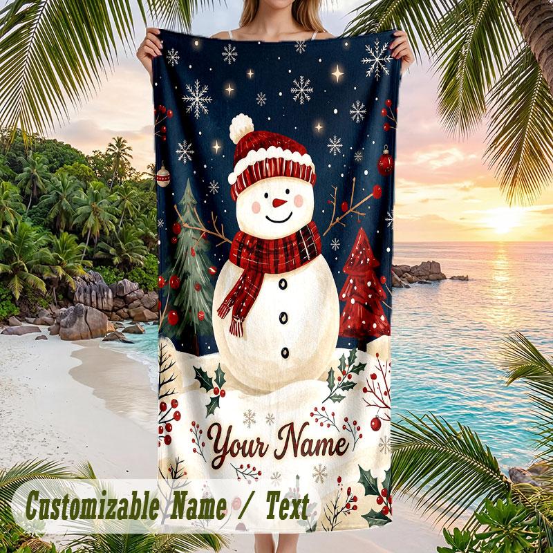 Winter Snowman Celebration Theme Quick Dry Beach Towel Custom Name Text Print Large Sand Resistant Towel Beach Vacation