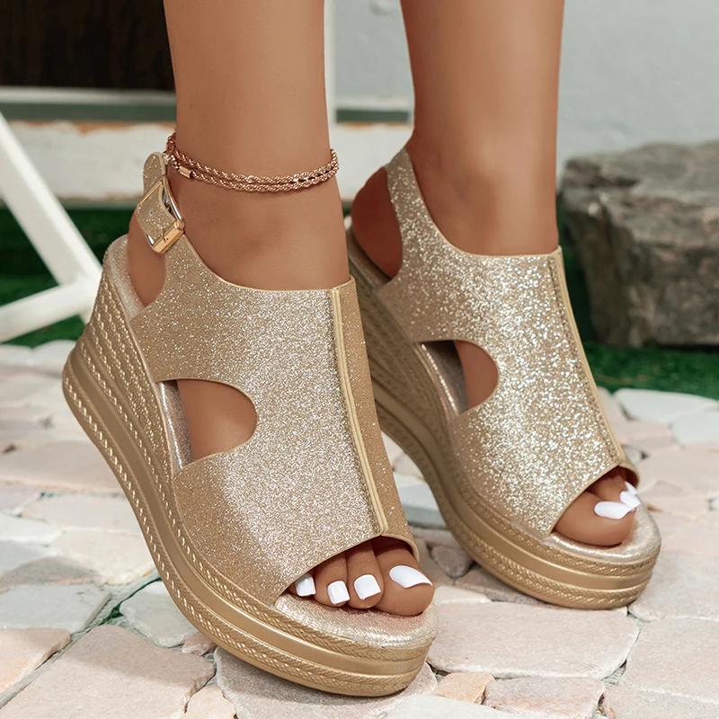 Bling Gold Sequin Wedges Sandals for Women Hollow Out Peep Toe Platform Sandles Woman Summer Back Strap Thick Sole Roman Shoes
