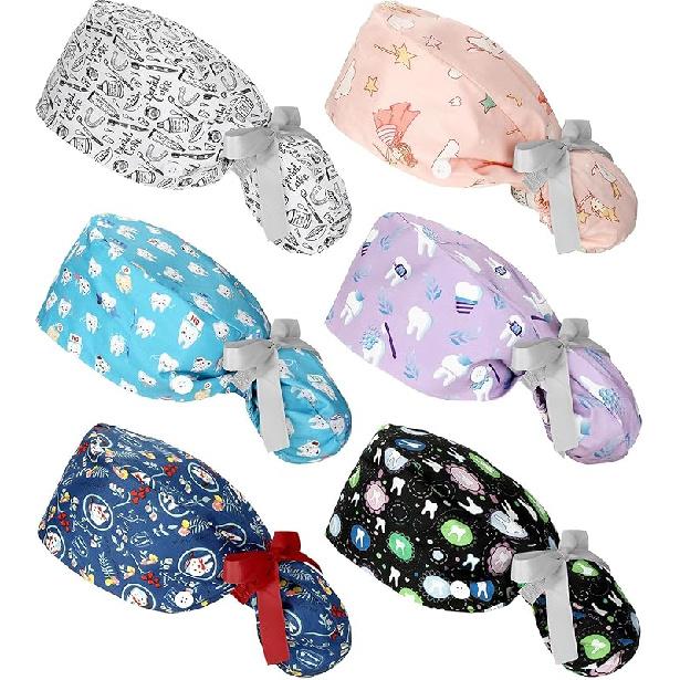 Honoson 6 gorras de dentista para enfermería, gorras ajustables para enfermería, sombreros de enfermera, sombreros de cola de caballo, turbante Patrones encantadores