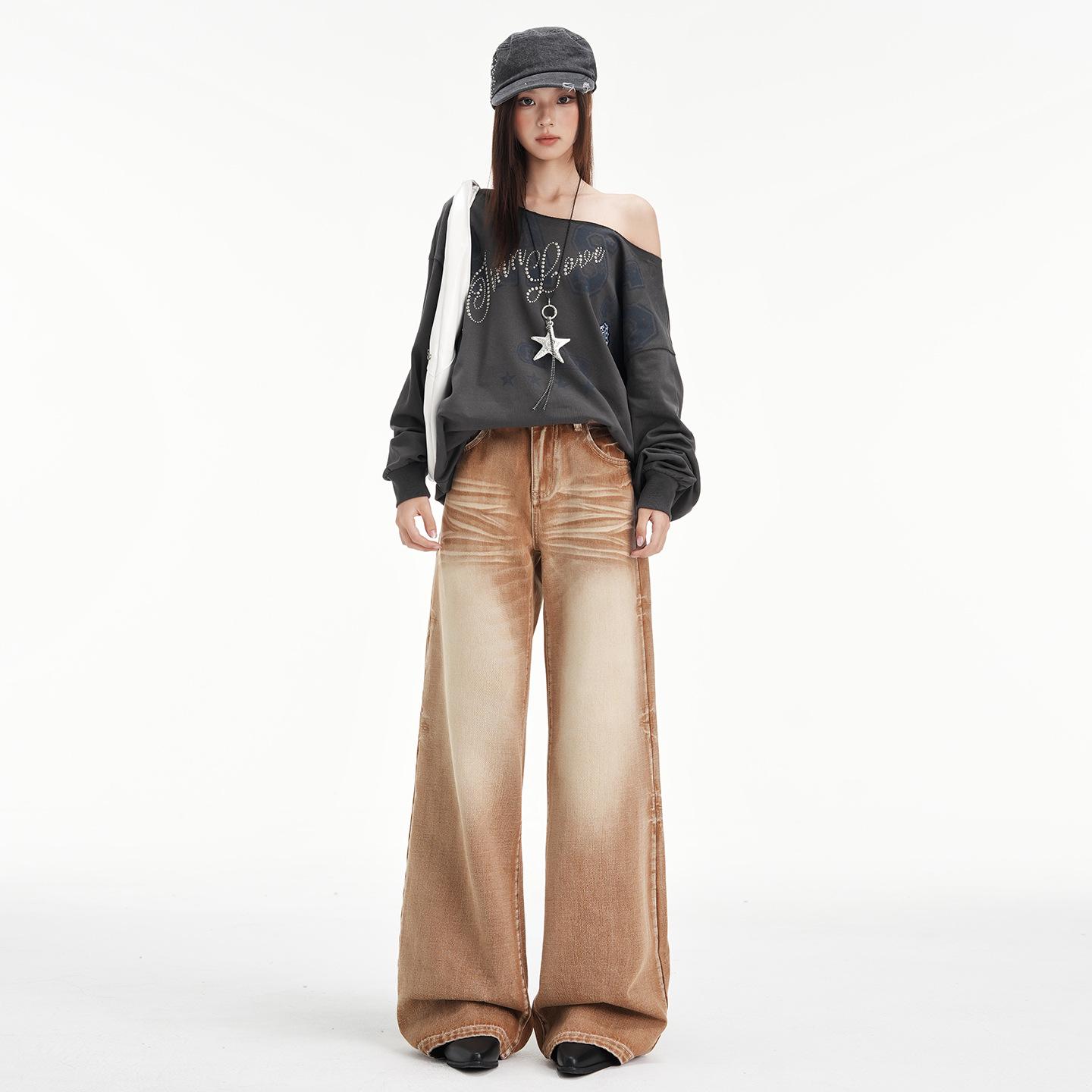 Women s 2026 Spring Brown Low-Waist Micro-Flare Jeans - Wide-Leg, Loose Fit, Slimming Design XL