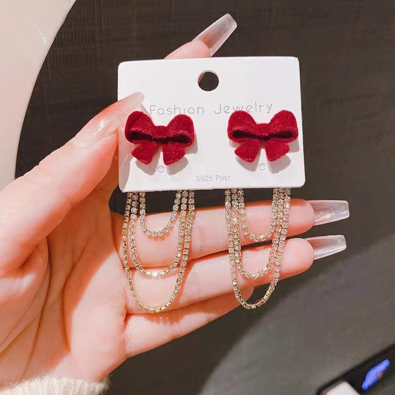 Korean sweet fringed diamond flocking bow long fringed earrings personalized chain earrings