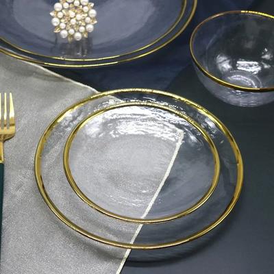 Nordic Transparent Glass Dining Plate for Home Creative Golden Edge Fruit Salad Dessert Breakfast Dish Bowl Set Dinner Tablewear