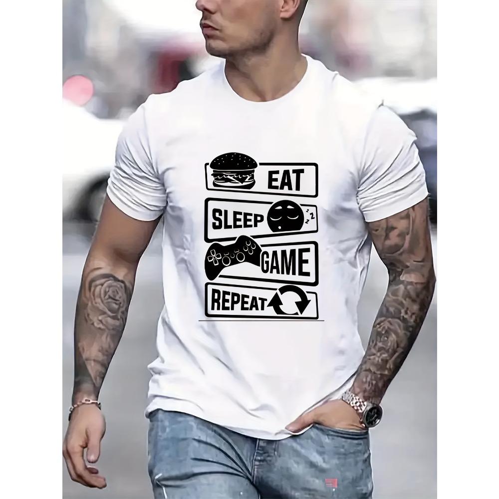 European Sizes Eat Sleep Game Repeat "Stylish Print Summer & Spring Tee For Men, Casual Short Sleeve Fashion Style T-Shirt