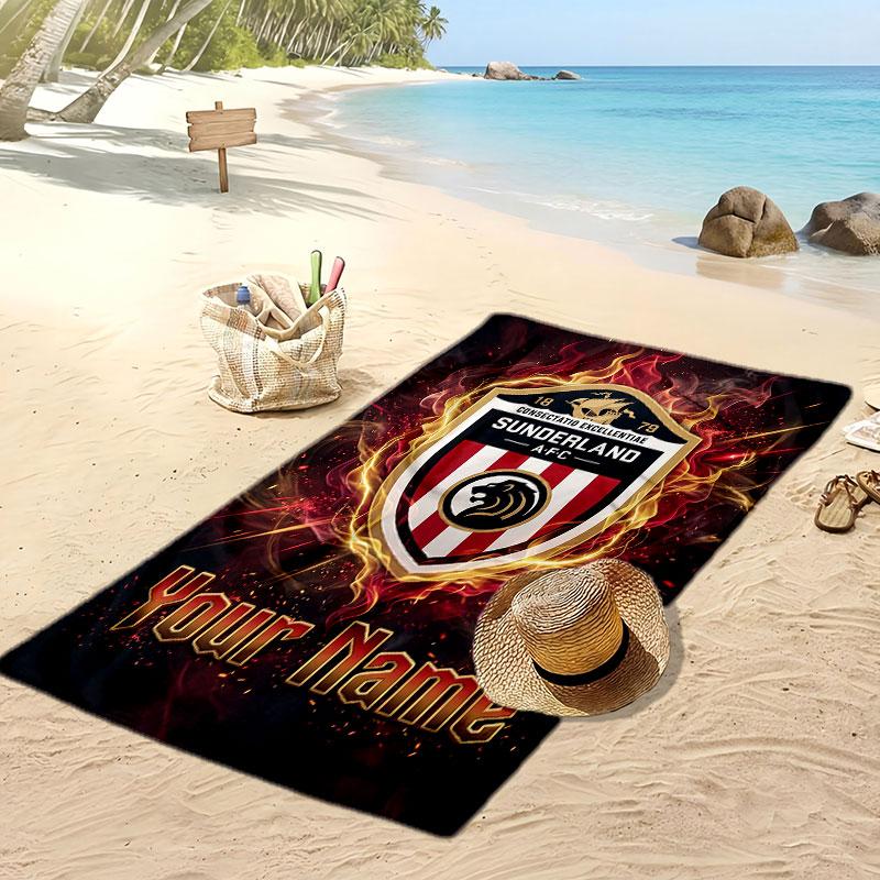 Asciugamano da Spiaggia Personalizzato Stampato Sunderland FC Logo Calcio Supporto Nome Personalizzato Testo Asciugamano Assorbente Per Sport Viaggio Regalo Speciale