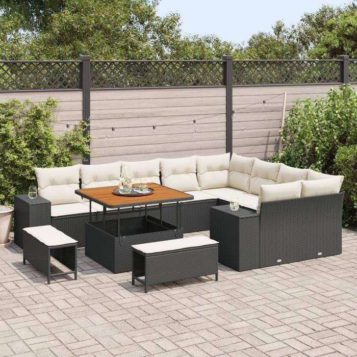 Ensemble de Canapés de Jardin en 12 pièces avec Coussins Noir Poly Rattan Acacia, Ensemble de Salle à Manger 3 pièces de 3362035