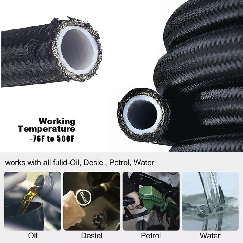 AN4 AN6 AN8 AN10 PTFE Fuel Line Kit, -4AN -6AN 8AN 10ANE85 With Fuel Hose Fitting 10FT Black
