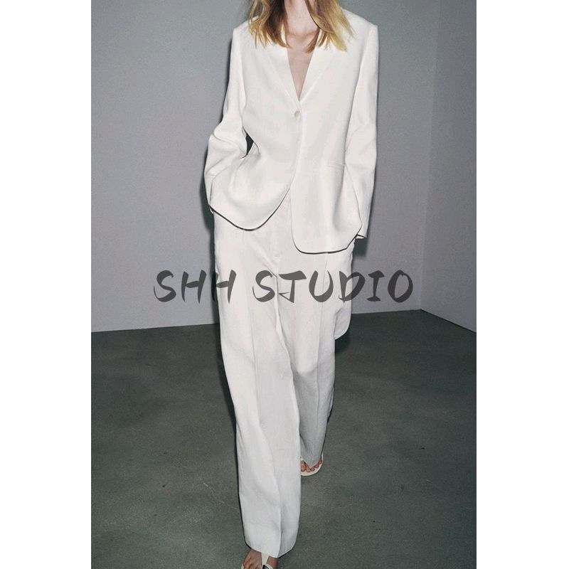 Long Sleeve Indented Lapel Linen Blend Blazers 3736045 Mid-Waist Casual Trousers 3736046