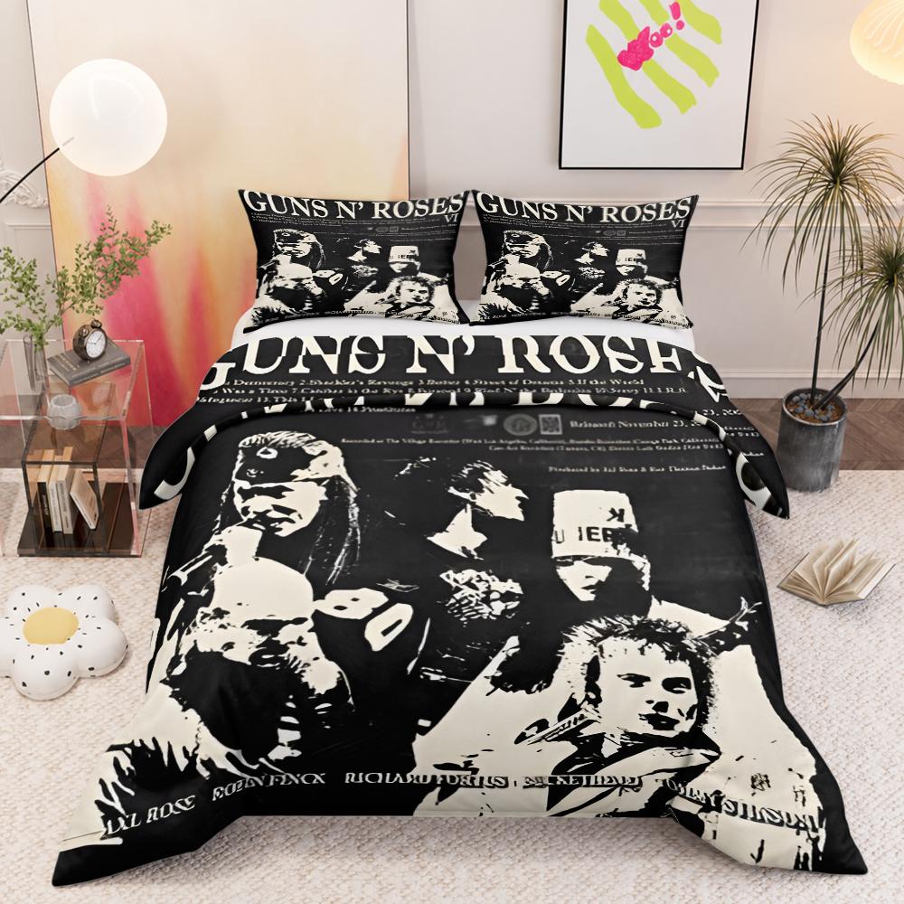 Guns N Roses Black White High Contrast 3-Piece Quilt Cover Set with Pillowcases for Dorm Room Decor