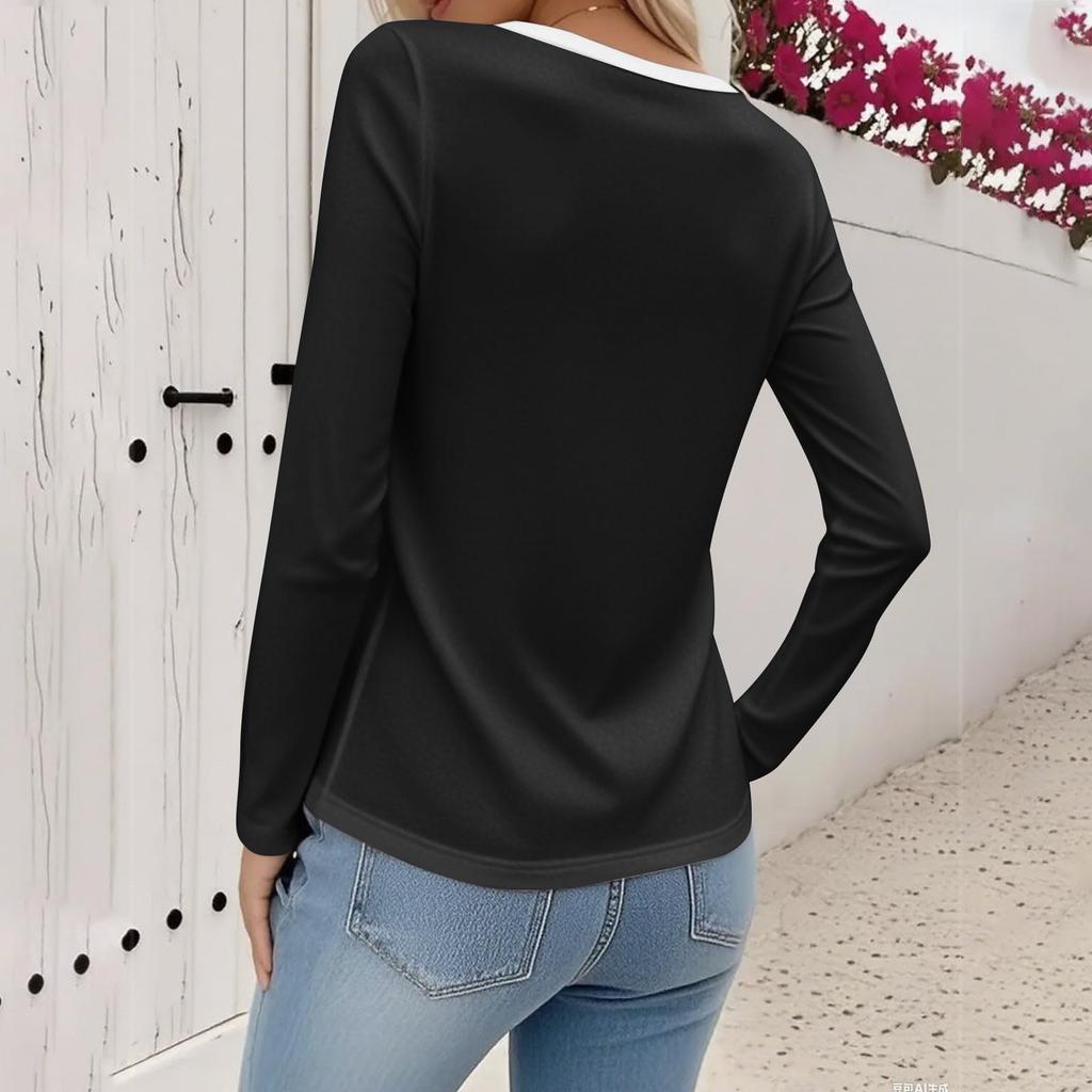 Women's Casual Fashion U-neck Contrast Color Long Sleeve Button T-shirt