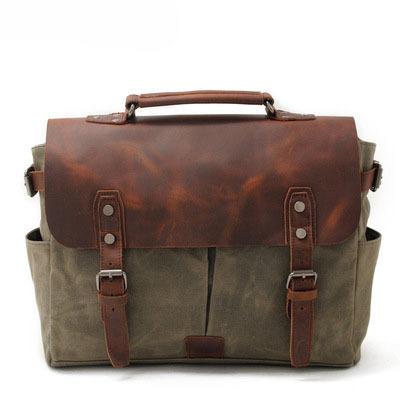 Vintage Oil Waxed Canvas with Crazy Horse Leather Briefcase European-American Men'S Bag Vintage Single Shoulder Crossbody Tote