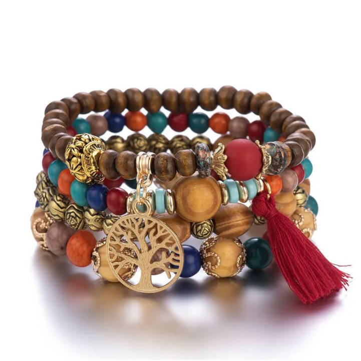 A 4-piece Set Of Fashionable Bohemian Multi-layer Life Tree Rosewood Beaded Bracelet From Europe And America.