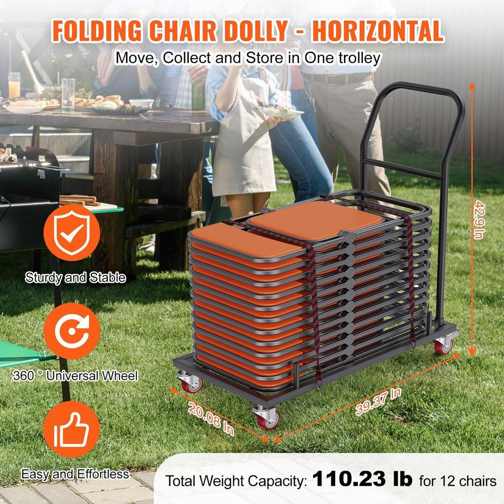 Folding Chair Dolly, Iron Commercial Cart with 12 Chairs Capacity, Folding Chairs Rack Trolley with 4 Casters, Storage Transport Dolly for Flat