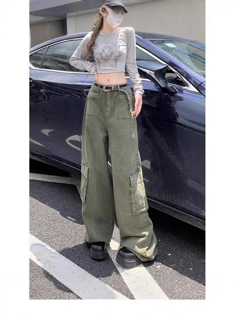 Women's Plus Size High Waist Wide Leg Military Green Denim Pants