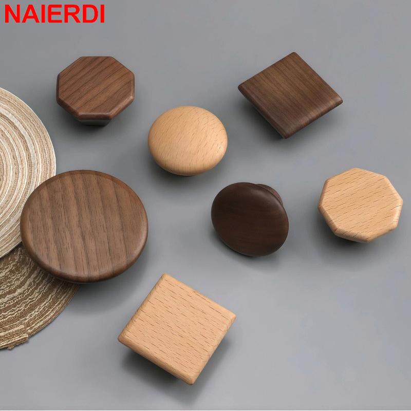 NAIERDI Solid Wood Cabinet Handles Modern Single Hole Wooden Pulls Octagon Round Knobs for Kitchen Cupboard Wardrobe Hardware