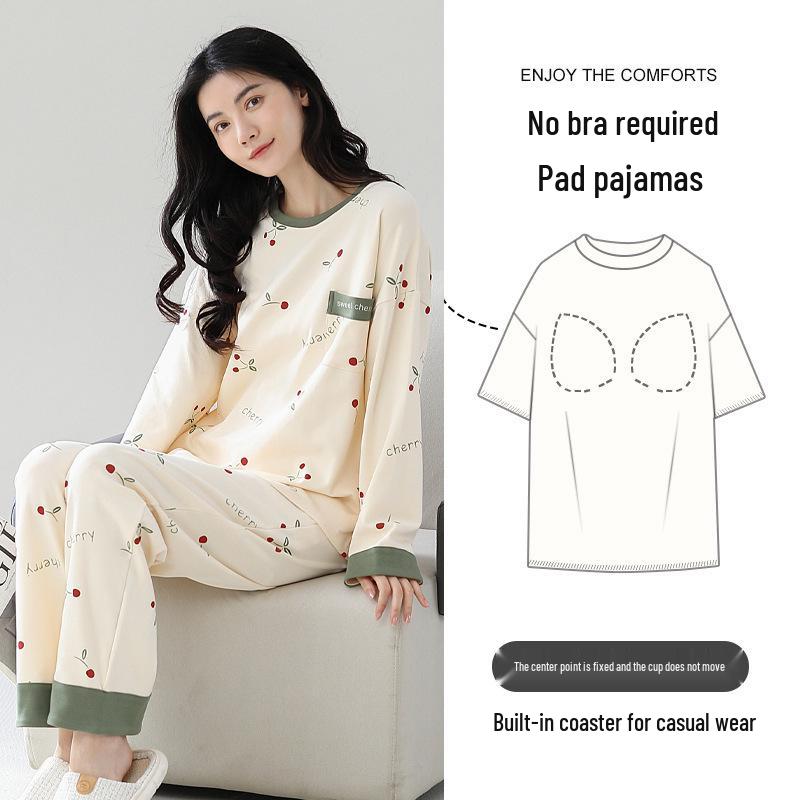 Women's Cartoon Long-Sleeve Pajama Set with Chest Pads – Loose, Casual, Round Neck, Suitable for Spring and Autumn, Indoor and Outdoor Wear