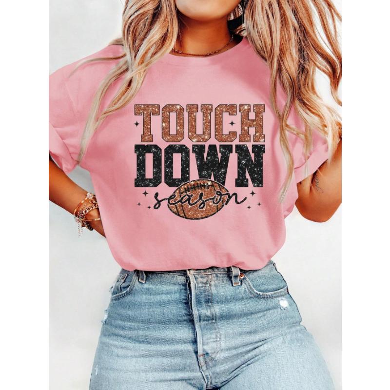 Women's Casual Round Neck Short Sleeve Olive Green Football Letter Print T-Shirt