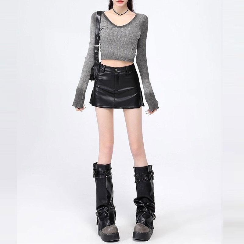 Women's Pu Leather Skirt Y2k High Waist Slit A-line Shorts Mini Skirt Slim Fit Female Clothing Autumn Winter