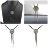 Mens Bolo Tie Necktie Faux Leather Braided Rope Necklace with Metal Round Flower Pendant Jewelry Cowboy Hat Accessories