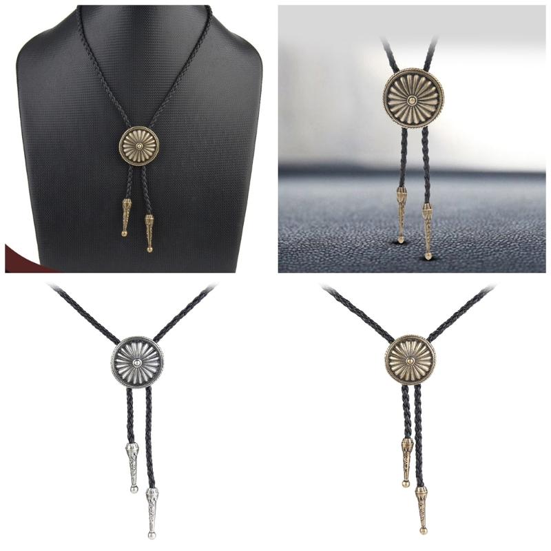Mens Bolo Tie Necktie Faux Leather Braided Rope Necklace with Metal Round Flower Pendant Jewelry Cowboy Hat Accessories