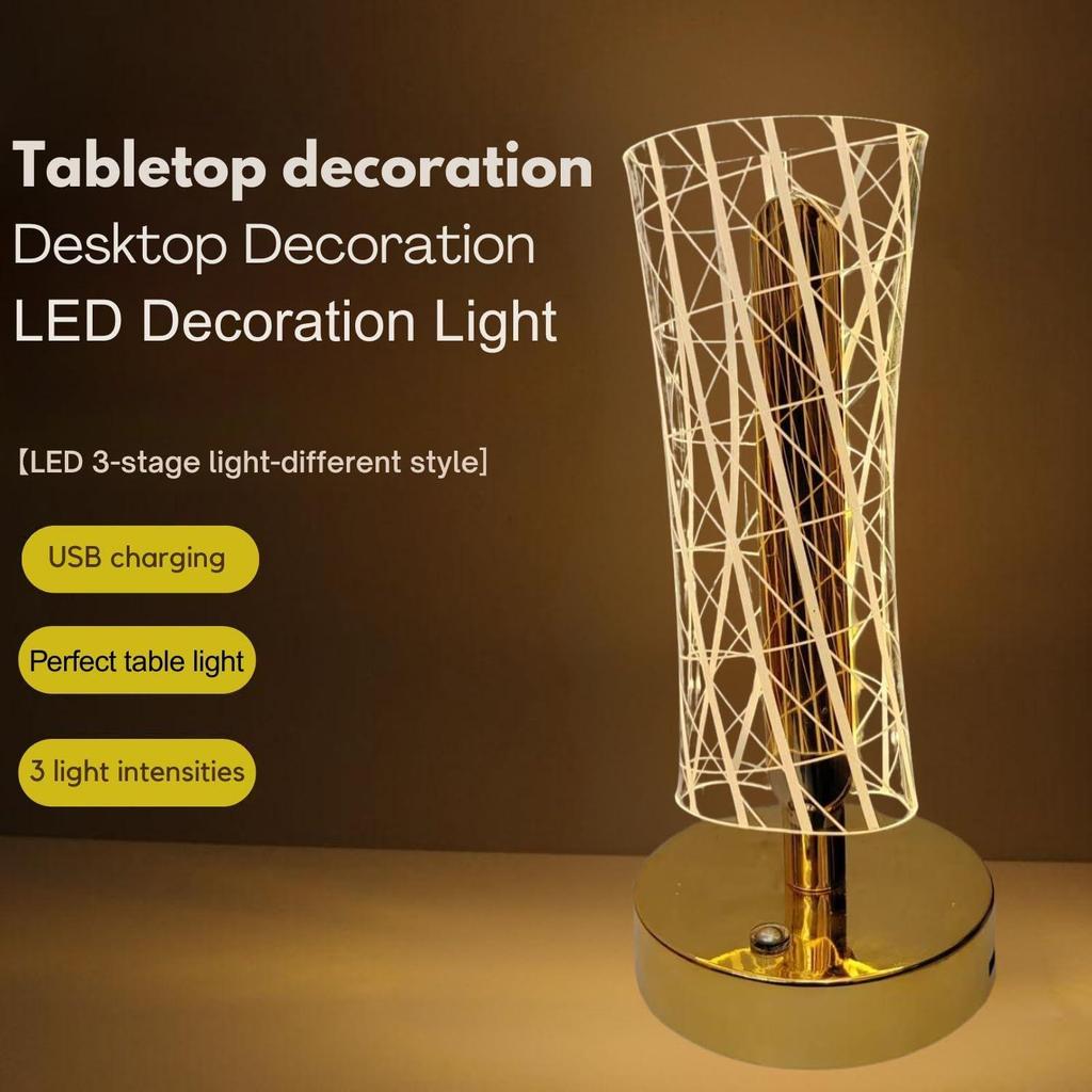3D Acrylic LED Night Lamp with Gold Base – Starry Sky Waist Design, Touch Control Cordless Decorative Table Light for Bedroom, Living Room