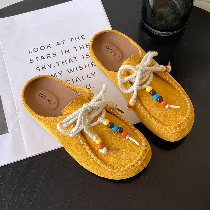Women's Flat Shoes Cover Toe Slingback Lace-up String Bead One Kick Increased Internal Slippers All-match RetroSuede Women Shoes