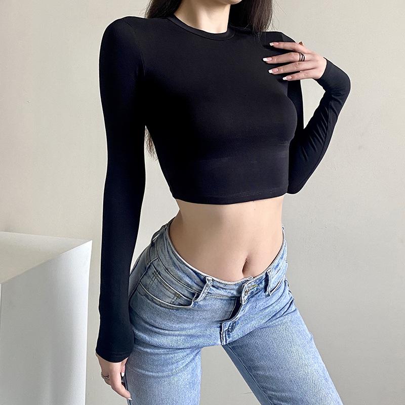 O Neck Solid T Shirt Basic Long Sleeve Women T-shirt Casual Tank Top Slim Female Crop Top Fashion