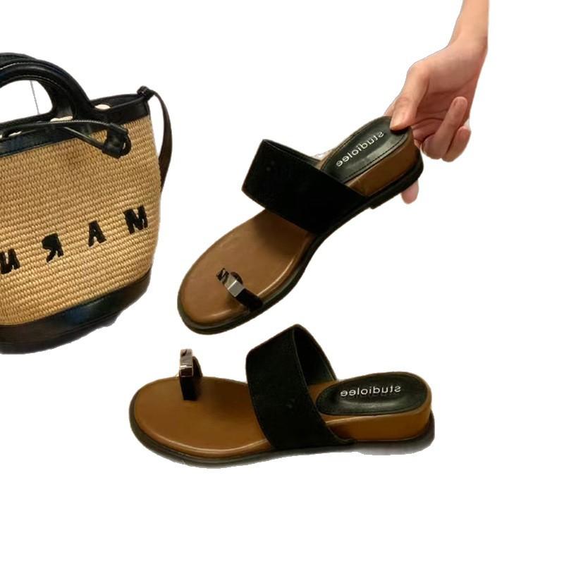 YinMan~ French Set of Toe Slope Heel Cool Slippers Summer Wear Holiday Beach Heightening Toe Slippers Flat Bottom