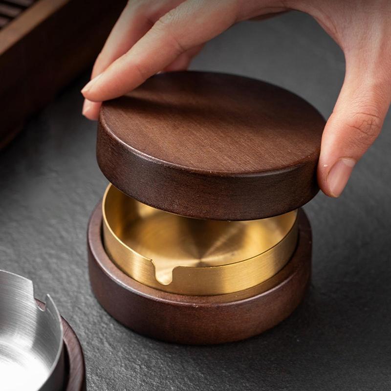 2026 New Creative Ashtray with Lid Walnut Desktop Ashtray Stainless Steel Smoking Windproof Ashtray Home Office Decoration
